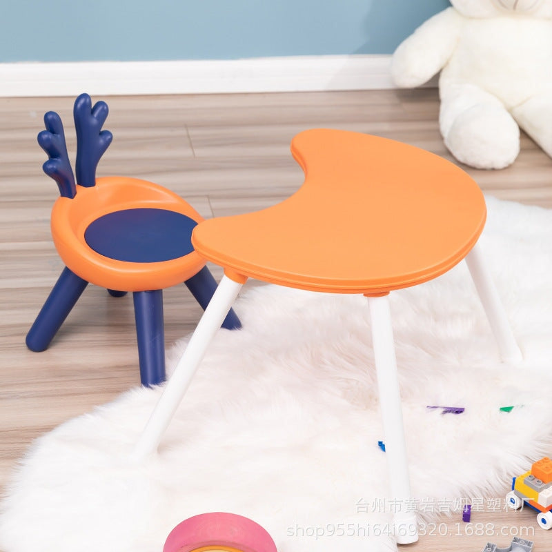 Children's Student's Desk And Chair Children's Dining Table And Chair Kindergarten's Table And Chair Plastic Game Table Baby's Call Chair Rabbit Ear Chair Umar Ahmed Orange With dinner plate 