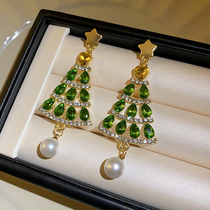 Silver Stud Rhinestone-encrusted XINGX Christmas Tree Pearl Earrings jewellery Umar Ahmed Silver Needle Green 