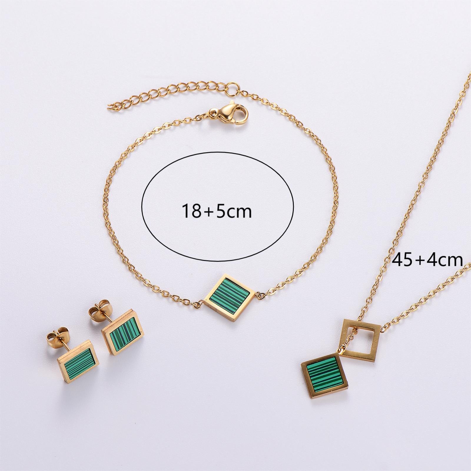 Stainless Steel Niche Temperament Lucky 18K Square Ear Studs Bracelet Necklace jewellery Umar Ahmed Emerald Green 