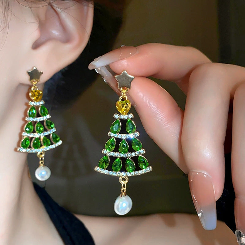 Silver Stud Rhinestone-encrusted XINGX Christmas Tree Pearl Earrings jewellery Umar Ahmed 