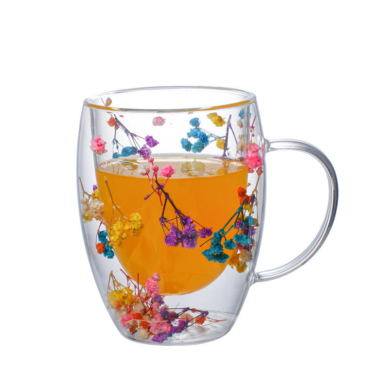 Real Flower Double Layer Glass Cup Borosilicate Simple