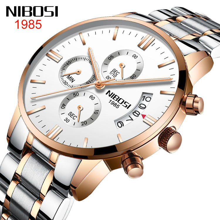 NIBOSI Butterfly Snap Solid Steel Band Men&#039;s Watch Waterproof Coated Glass Luminous Three Eyes 6 Pin Quartz Watch