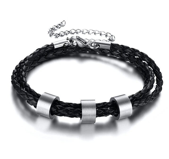 Hot Style Stainless Steel Bead Bracelet 3-layer Braided Leather Rope Personalized Bracelet Can Be Engraved For Men And Women